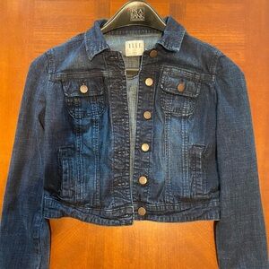 Elle Denim Jean Jacket Dark Wash Blue Cropped Fit Button-Up Pockets Small